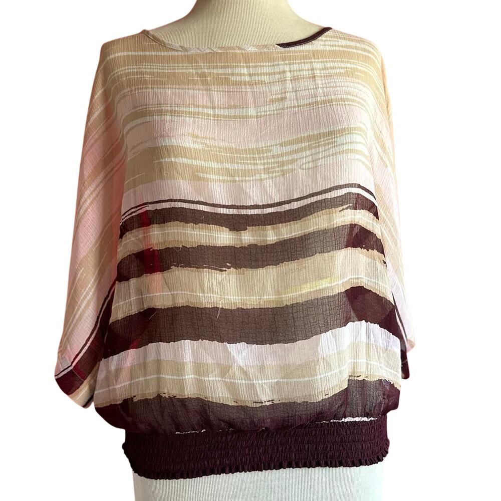 Womens Top Size Small Brown Beige Tan Batwing Earthy Sheer Business Casual
